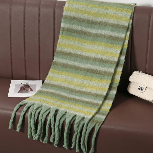 Thick Striped Cashmere Travel Shawl Scarf