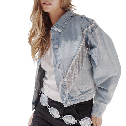 Denim Turndown Collar Splice Rhinestone Tassel Long Sleeve Loose Button Woman Clothing Warm Chic Stylish Elegant Fashionable Versatile Jacket