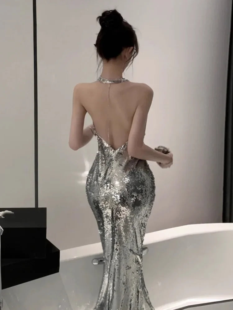 Halter Backless Pile Collar Mermaid Party Dress Partydress-241208