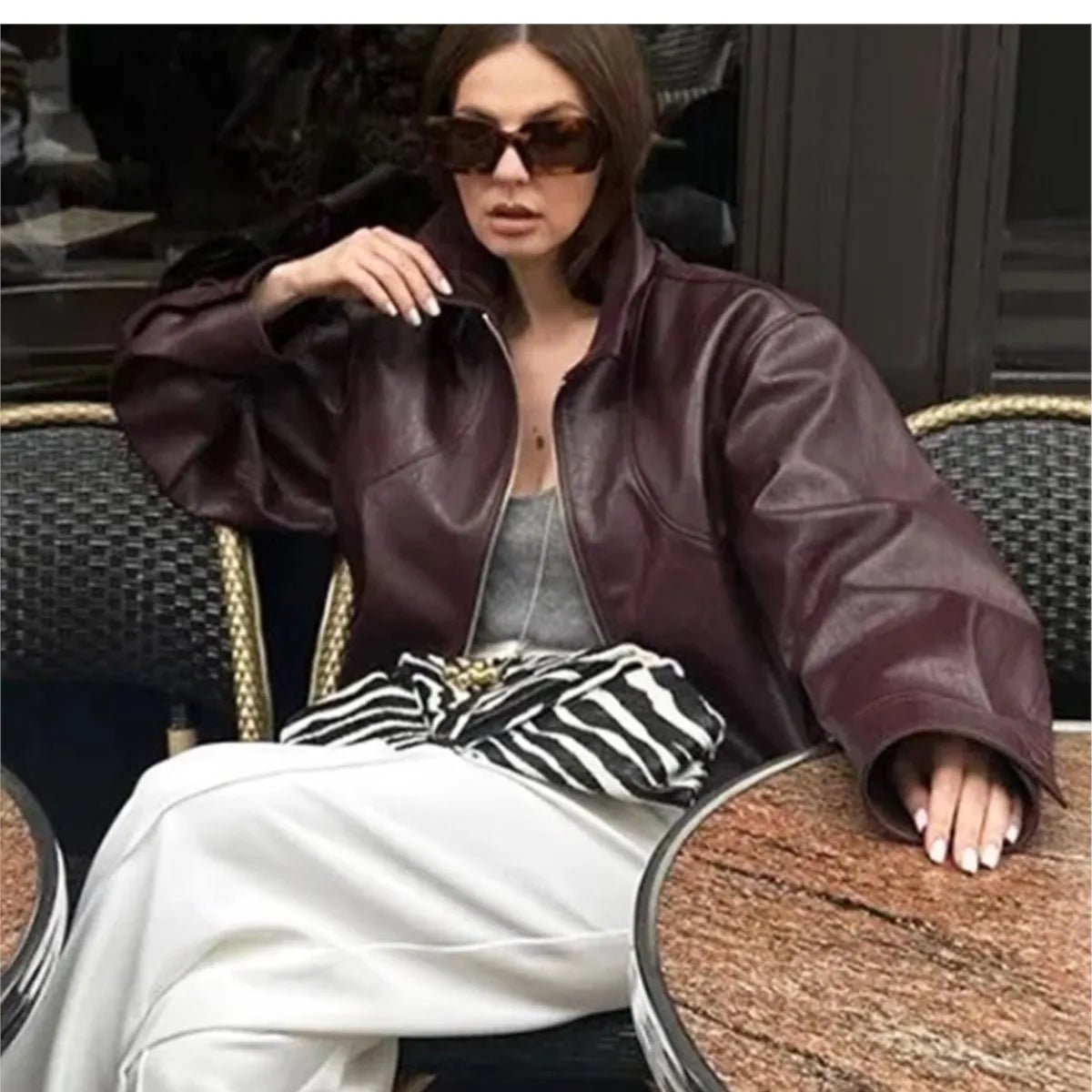 Wine Red Pu Leather Coat Coats-241208