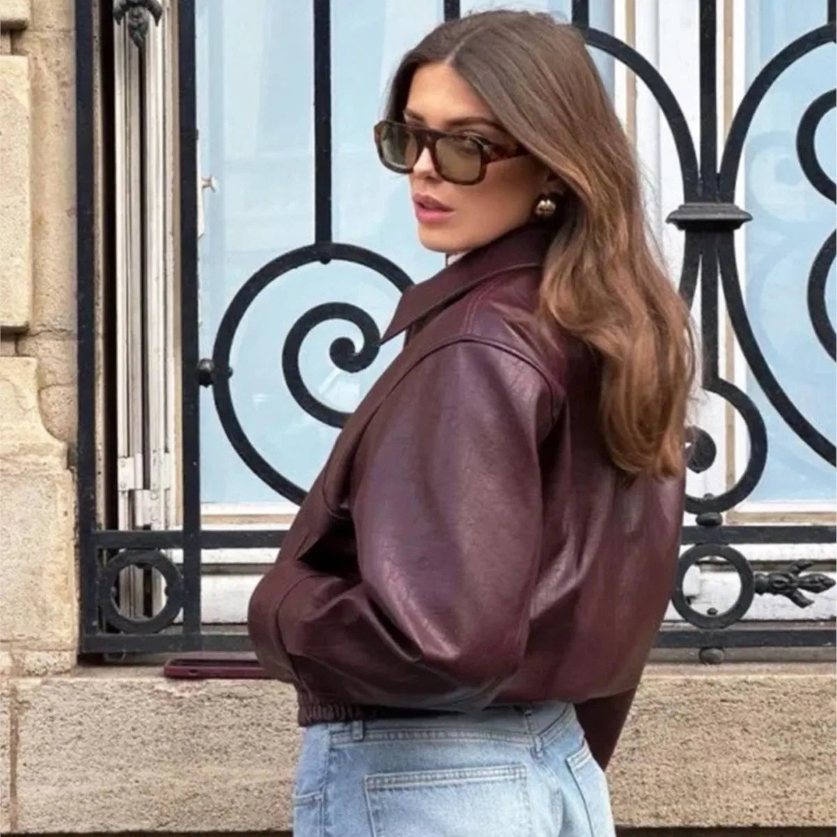 Wine Red Pu Leather Coat Coats-241208