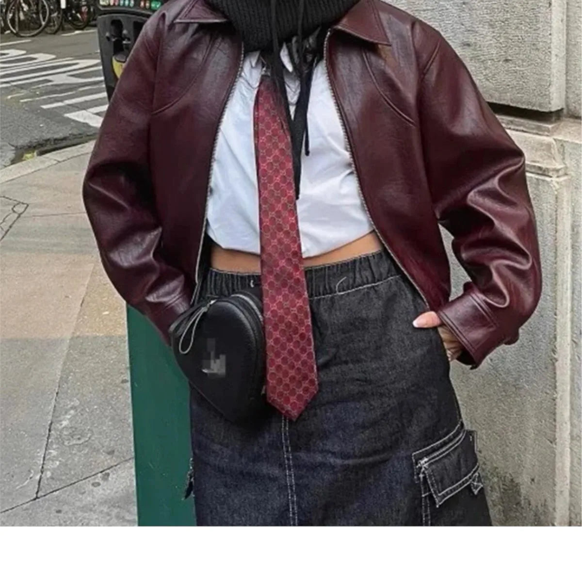 Wine Red Pu Leather Coat Coats-241208