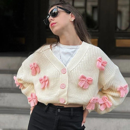Embroidered Bow V-neck Cardigan
