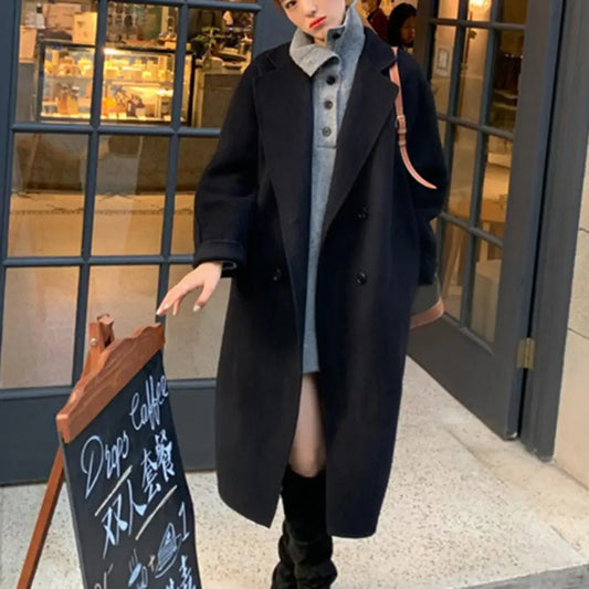 Casual Woolen Notch Collar Spring Overcoat Black / S