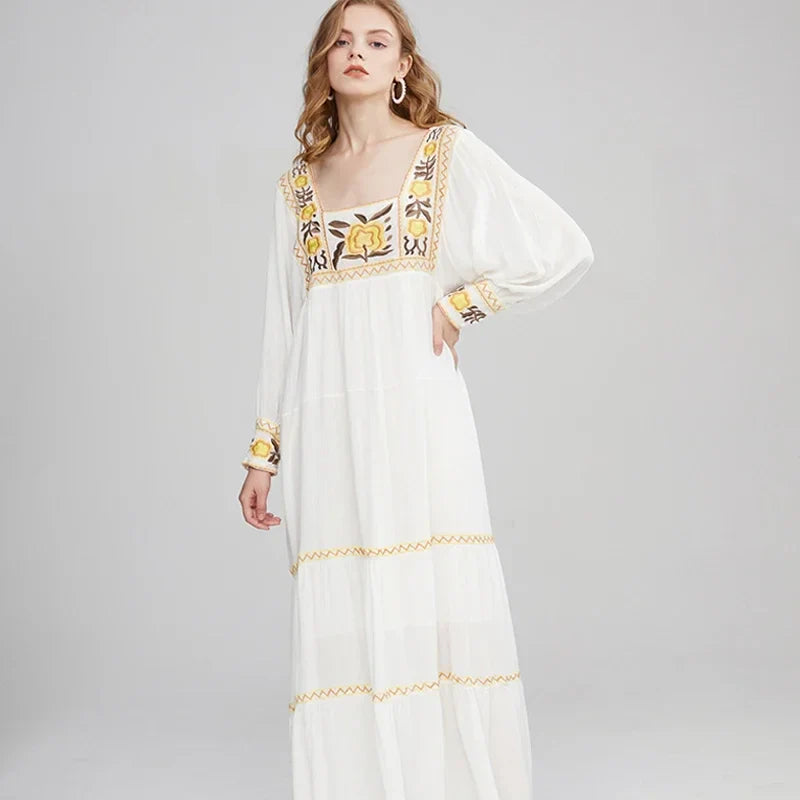 Tunic Dress Cotton Rayon Floral Embroidery Beige / One Size bohodress-250126