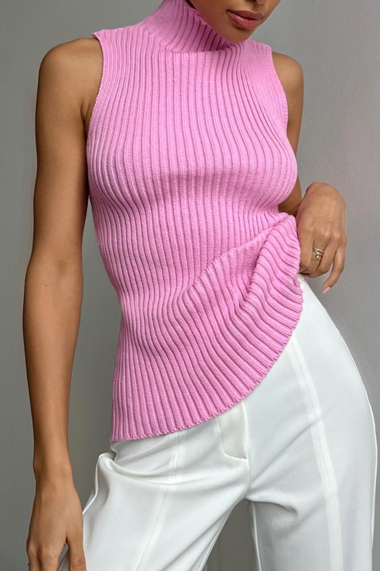 Turtleneck Ribbed Sleeveless Knit Sweater