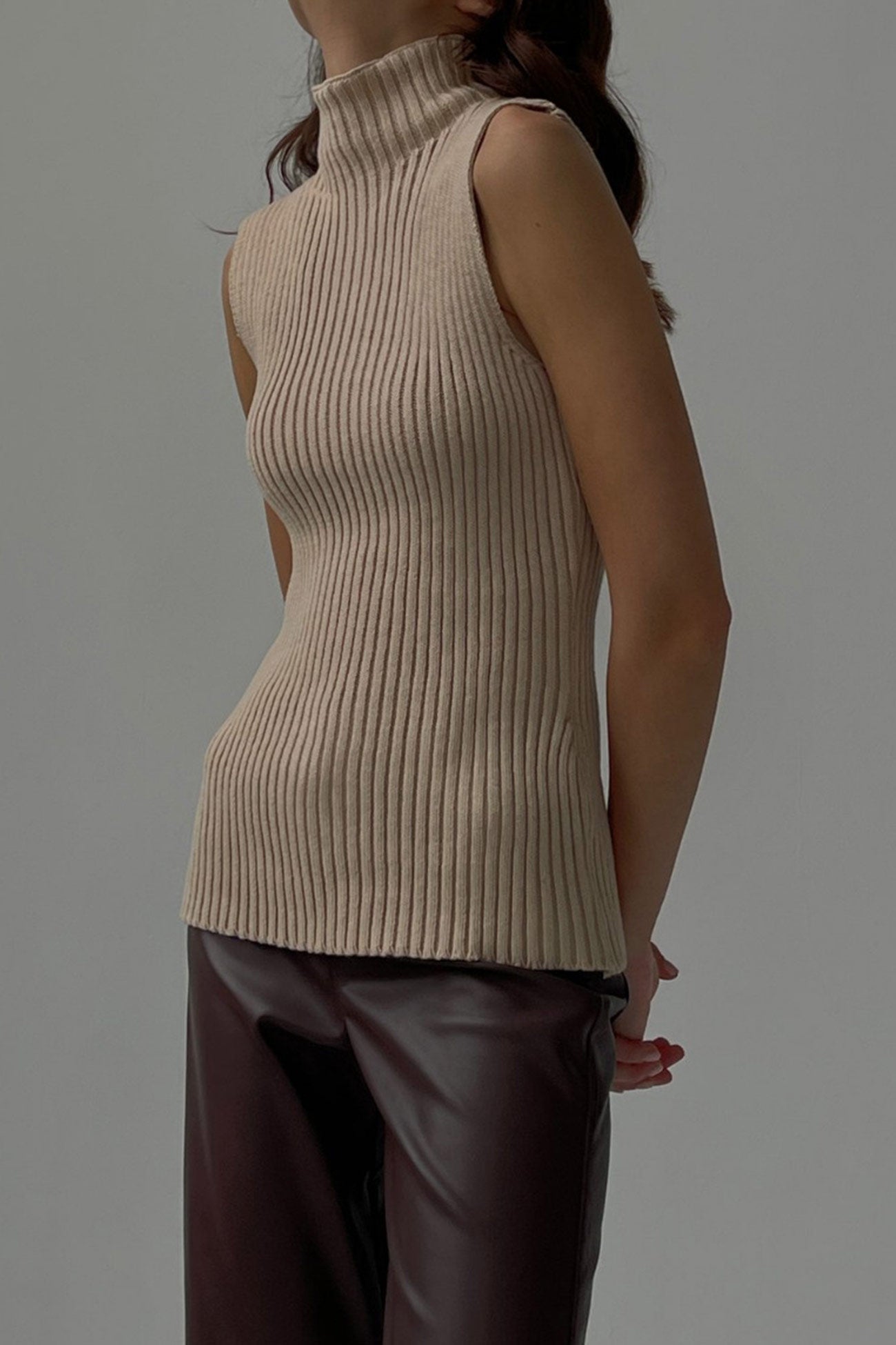 Turtleneck Ribbed Sleeveless Knit Sweater