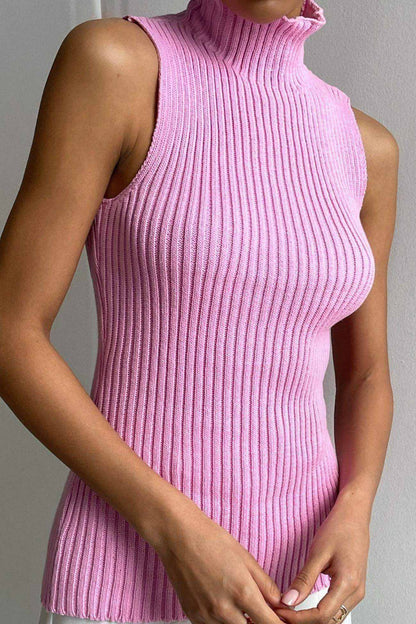 Turtleneck Ribbed Sleeveless Knit Sweater