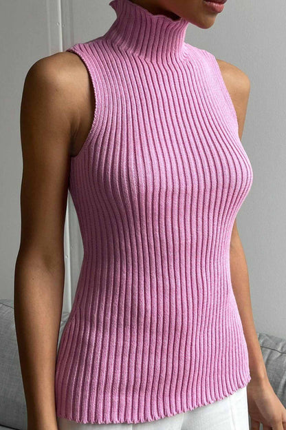 Turtleneck Ribbed Sleeveless Knit Sweater