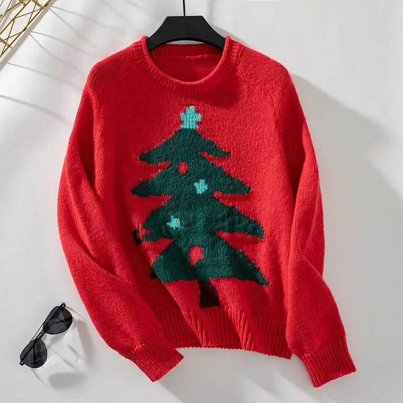 Knitted Autumn Winter Christmas Tree Pattern Long Sleeve Oversized Christmas Sweater