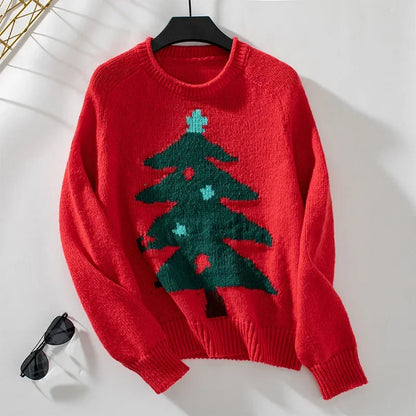 Knitted Autumn Winter Christmas Tree Pattern Long Sleeve Oversized Christmas Sweater