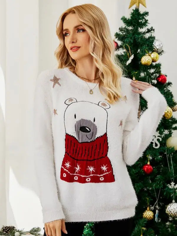 Ugly Christmas Cartoon Bear Embroidery Holiday Autumn Winter Christmas Sweater