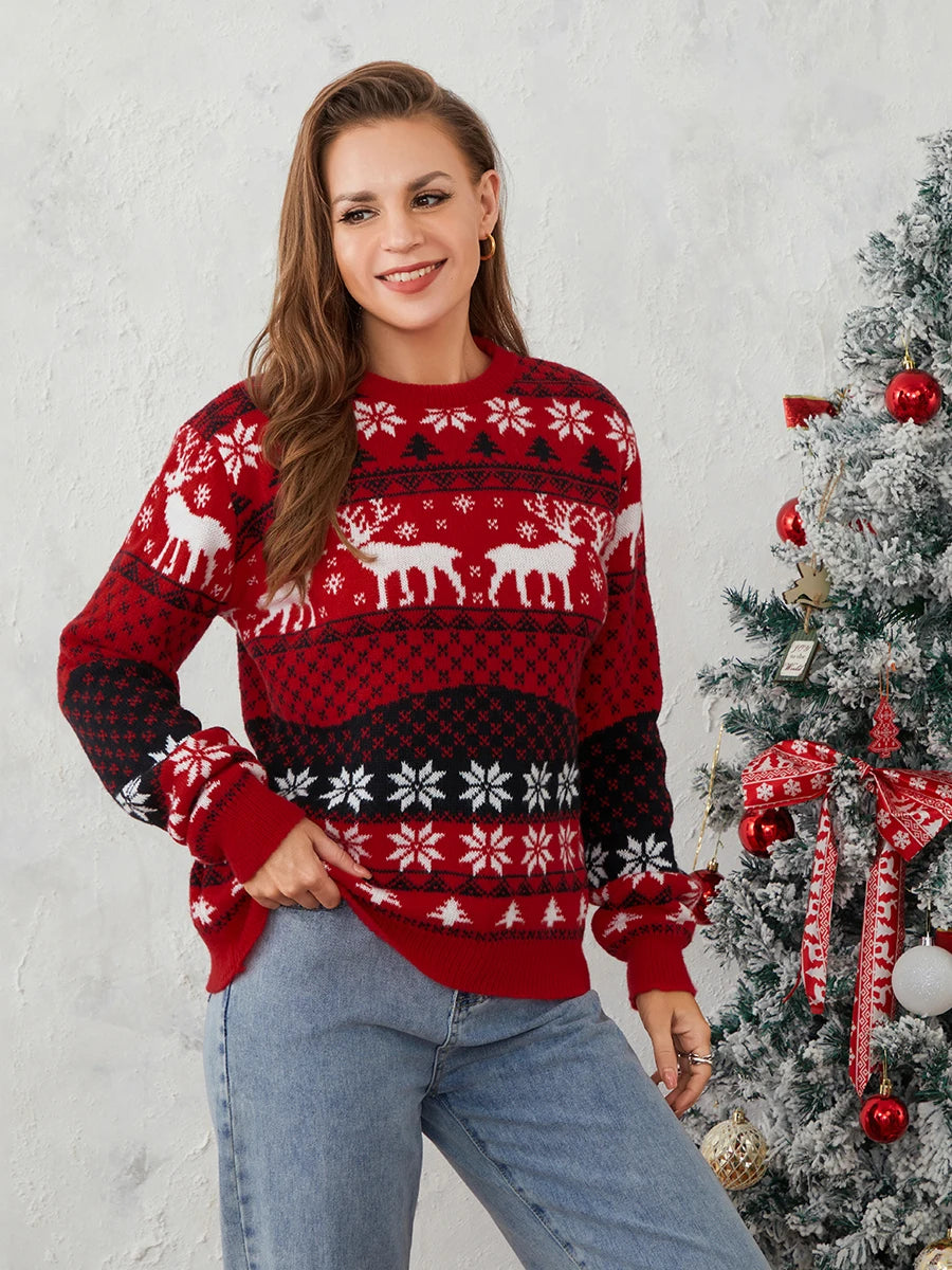 Winter Warm Couples Knit Round Neck Reindeer Pattern Classic Knitwear Christmas Sweater