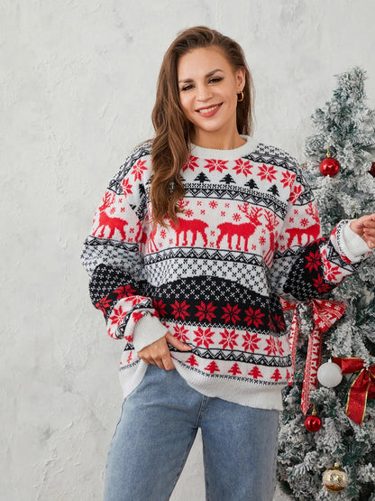 Winter Warm Couples Knit Round Neck Reindeer Pattern Classic Knitwear Christmas Sweater