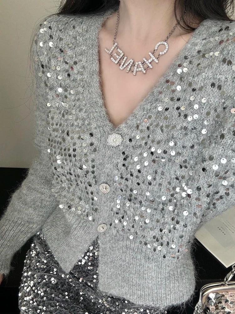 V-neck Gray Sequin Short Knit Cardigan