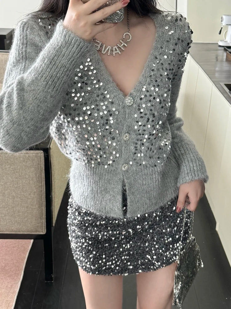 V-neck Gray Sequin Short Knit Cardigan