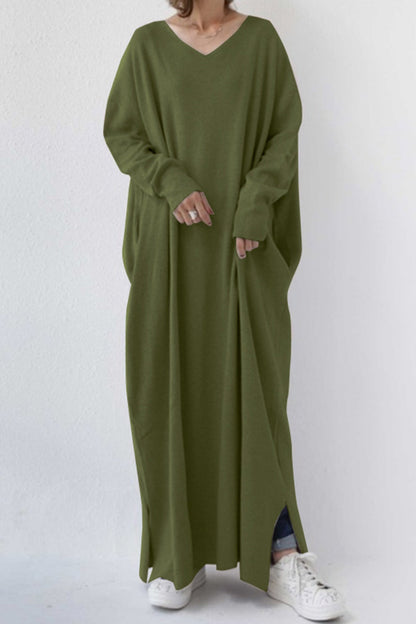 V Neck Sweatshirt Dress with Slit Hem