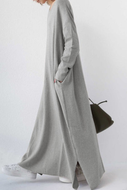 V Neck Sweatshirt Dress with Slit Hem