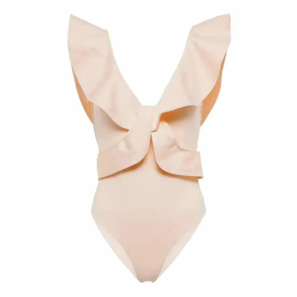Solid V-Neck Slim Fit Swimsuit One Piece Pink / S onepiece-250223