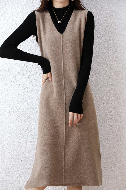 Solid Color Wool Tank Dress with V Neck