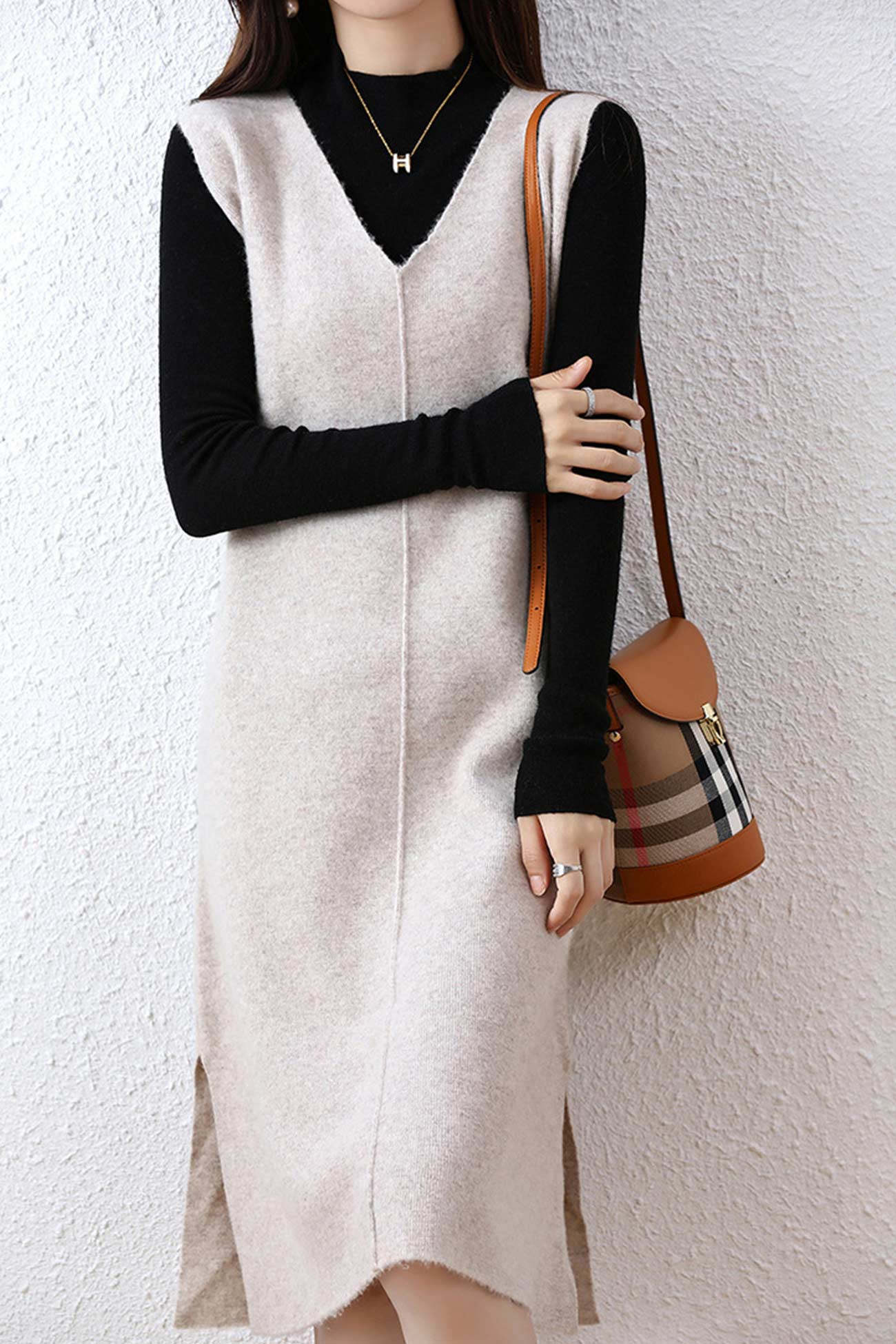 Solid Color Wool Tank Dress with V Neck