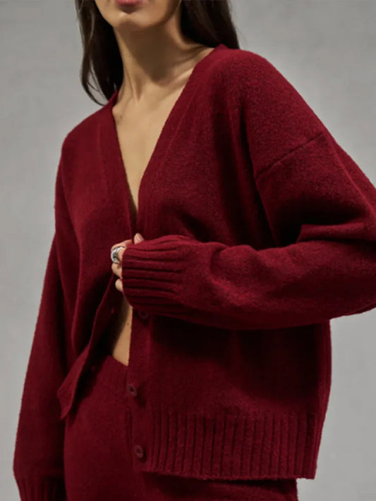 Burgundy Loose V-neck Single Breasted Cardigan