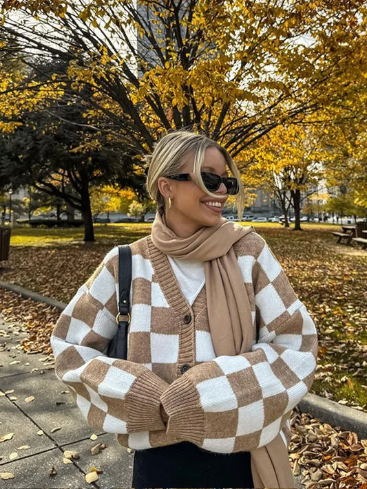 V-neck Square Printed Color Block Cardigan