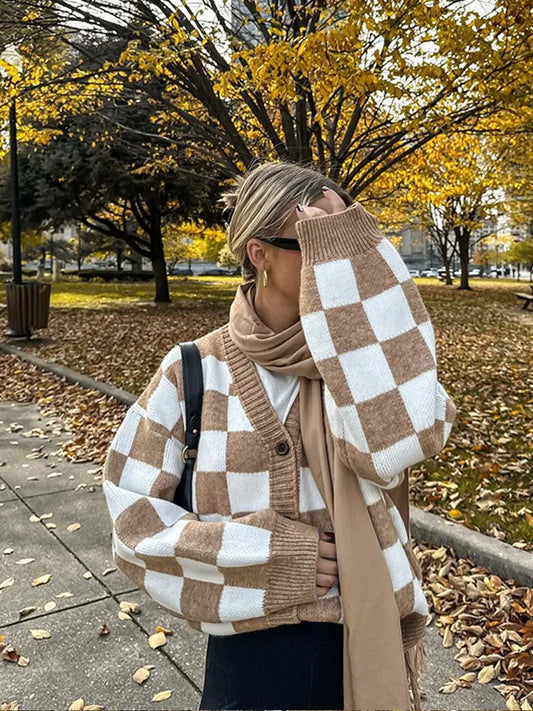 V-neck Square Printed Color Block Cardigan