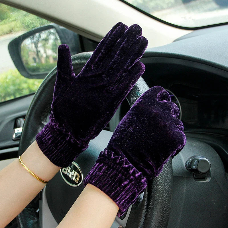 Gold Velvet Winter Full Finger Christmas Gloves - Soft and Comfortable