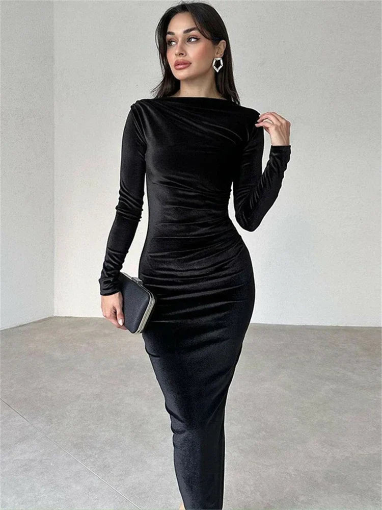 Ruched Long-sleeved Body-hugging Autumnal Elegant Club-ready Skinny Midi Dress