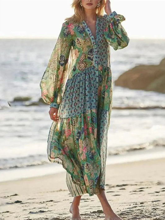 Elegant Floral Print Lantern Long Sleeve Chiffon Boho Dress