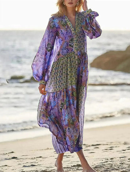 Elegant Floral Print Lantern Long Sleeve Chiffon Boho Dress