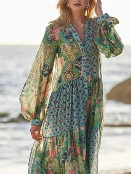 Elegant Floral Print Lantern Long Sleeve Chiffon Boho Dress