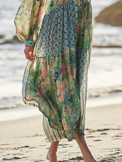 Elegant Floral Print Lantern Long Sleeve Chiffon Boho Dress