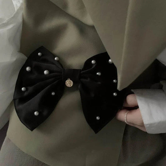 Cream White Pearl Bow Christmas Hair Accessory Black Accessories-L