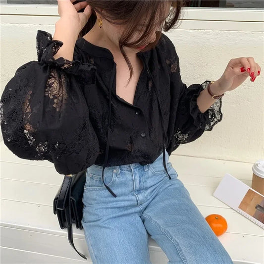 Vintage Hook Hollow Flower Lace Lantern Sleeve Blouse blouse-250126