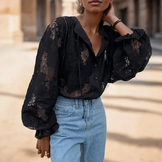 Vintage Hook Hollow Flower Lace Lantern Sleeve Blouse Black / S blouse-250126