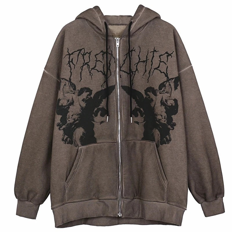 Vintage Printed Zip Up Hoodie Sweatshirts & Hoodies-L
