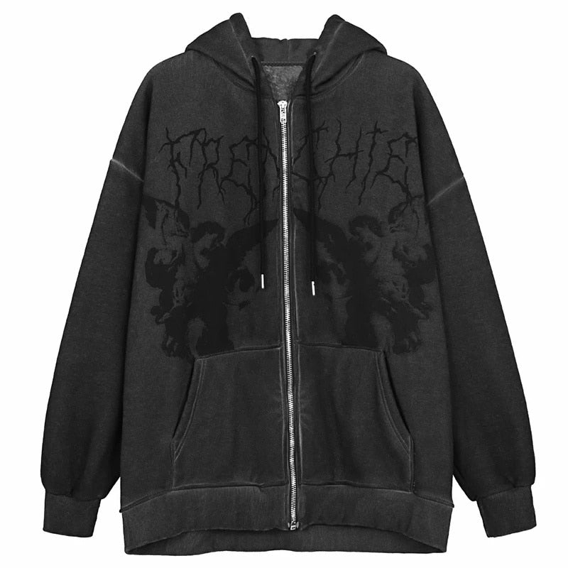 Vintage Printed Zip Up Hoodie Sweatshirts & Hoodies-L