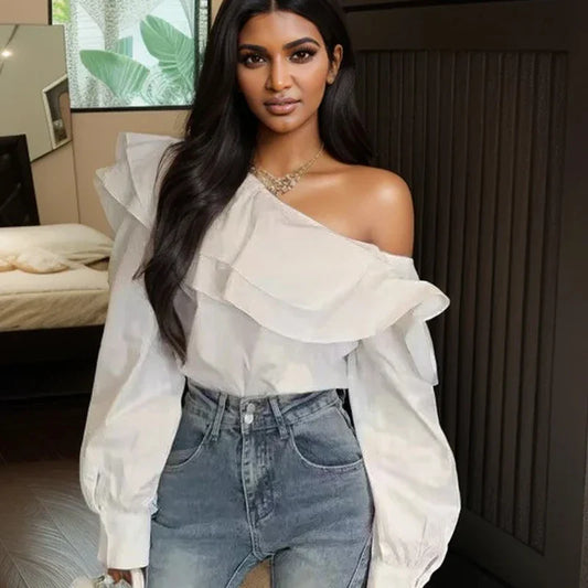 Ruffled Off Shoulder Slim Fit Casual Long Sleeve Blouse blouse-250126