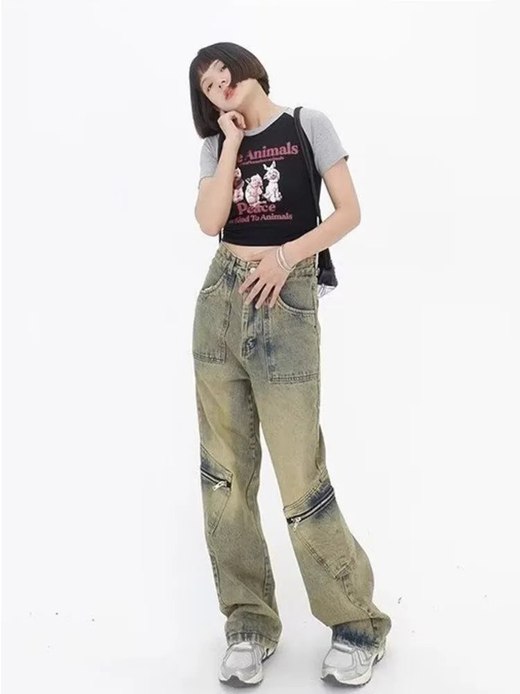 Vintage Street Deconstructed Yellow Mud Dyed Old Loose Wide Leg Women's Jean