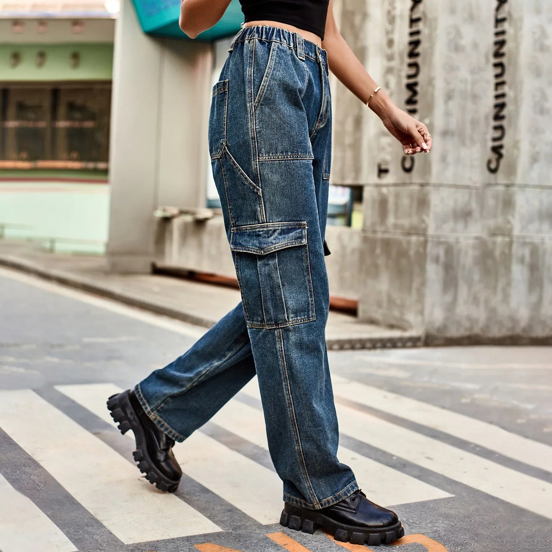 Vintage Streetwear High Waist Women American Fashion Blue Wide Leg Trouser Female Baggy Straight