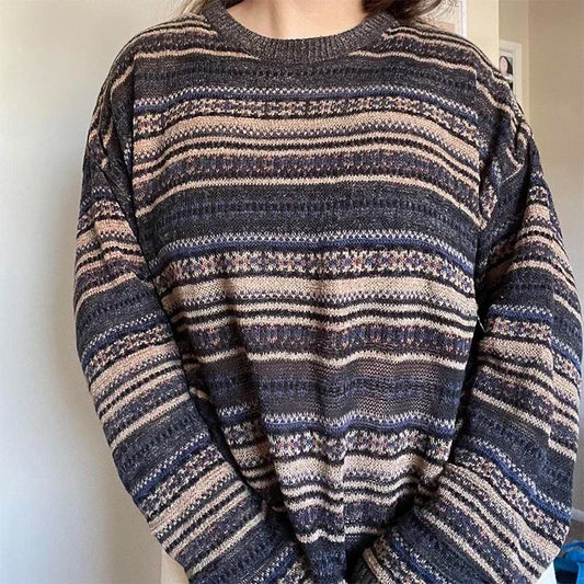 Striped  O - Neck  Baggy Sweater