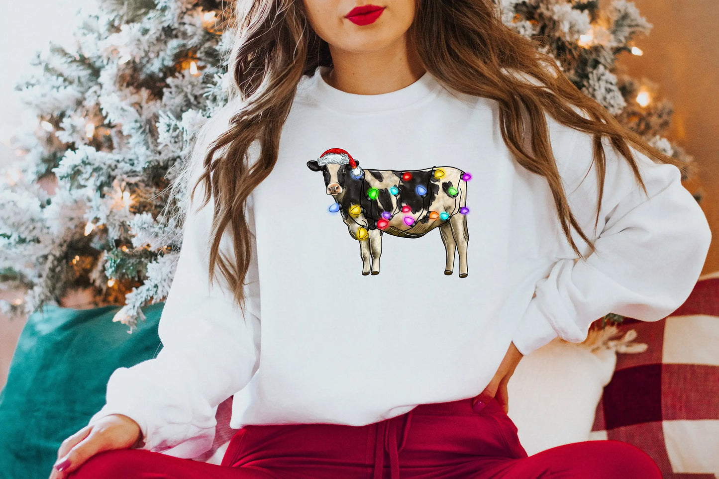 Voguish Christmas Cow Lights Leisure Sports Model Farm Christmas Hoodie