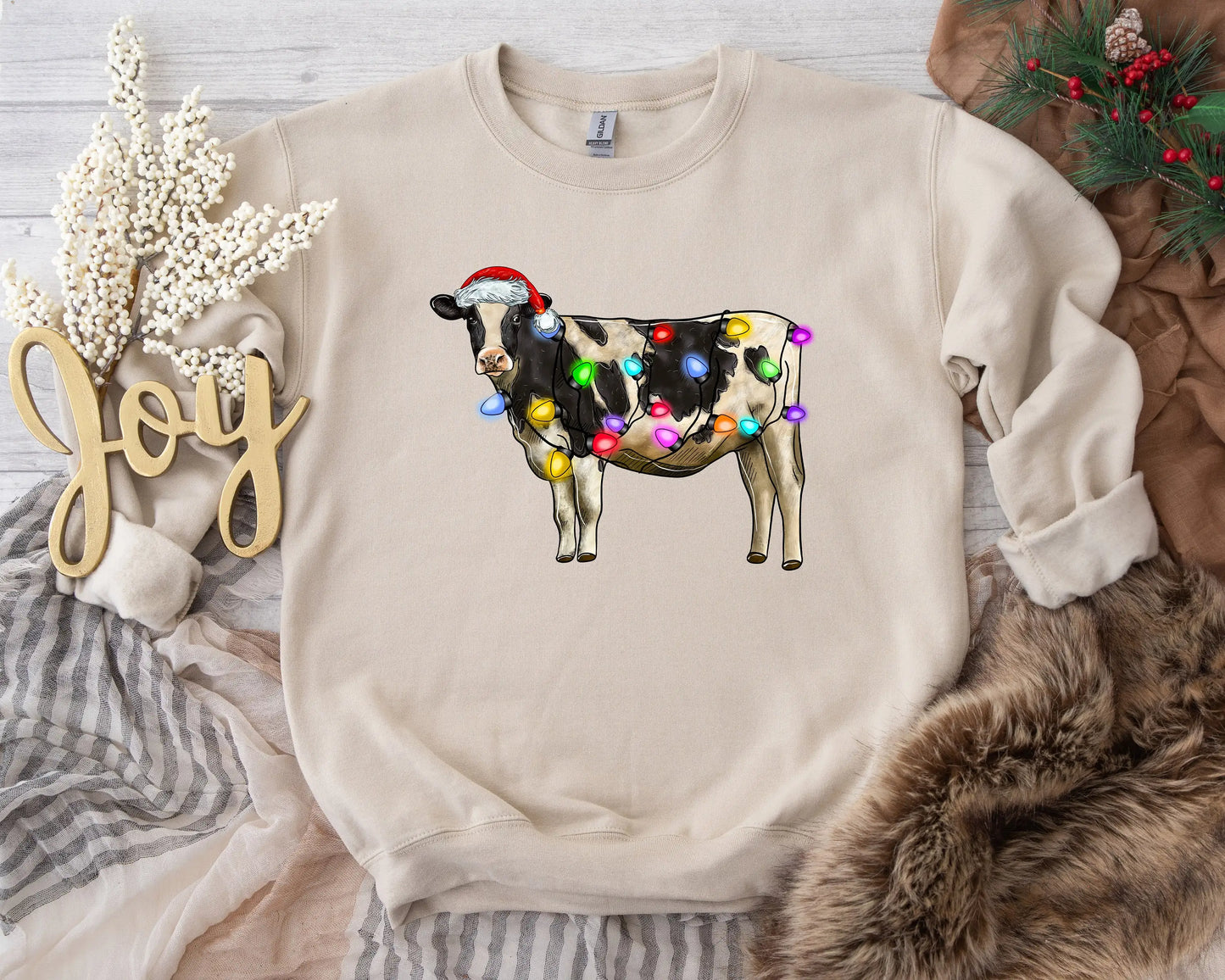 Voguish Christmas Cow Lights Leisure Sports Model Farm Christmas Hoodie