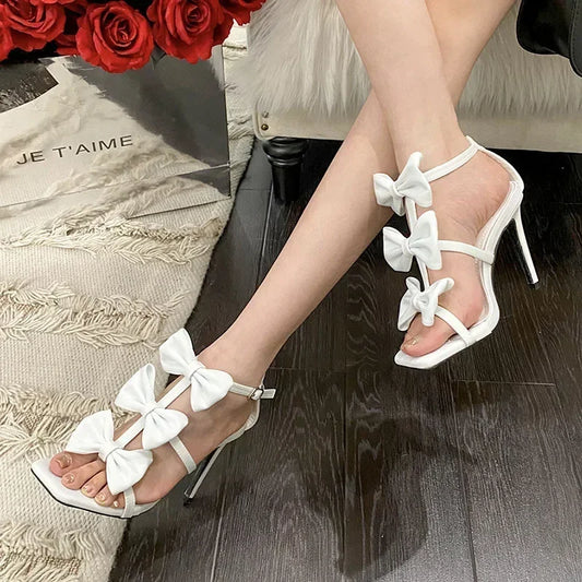 French Women's White Summer Sandals with Square Peep Toe and Butterfly Knot Buckle - Super High Heels for Parties