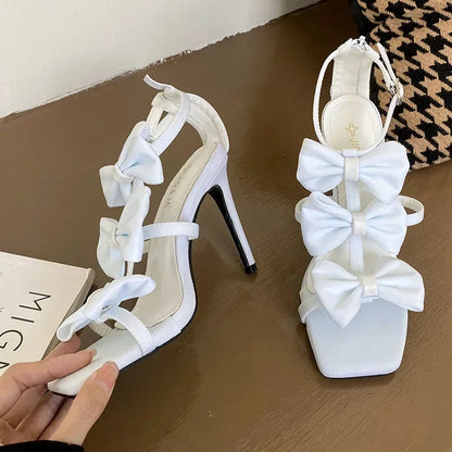 French Women's White Summer Sandals with Square Peep Toe and Butterfly Knot Buckle - Super High Heels for Parties