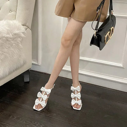 French Women's White Summer Sandals with Square Peep Toe and Butterfly Knot Buckle - Super High Heels for Parties