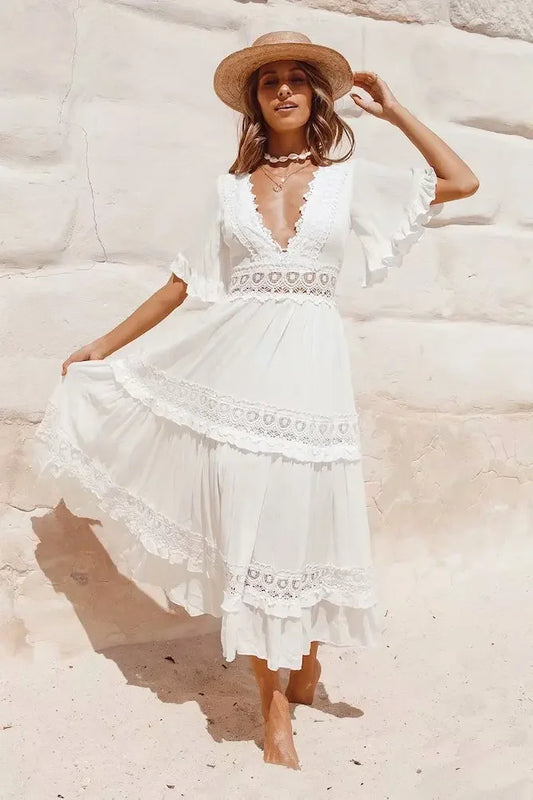 White Maxi Dress Hollow Waist Deep V-neck Dress