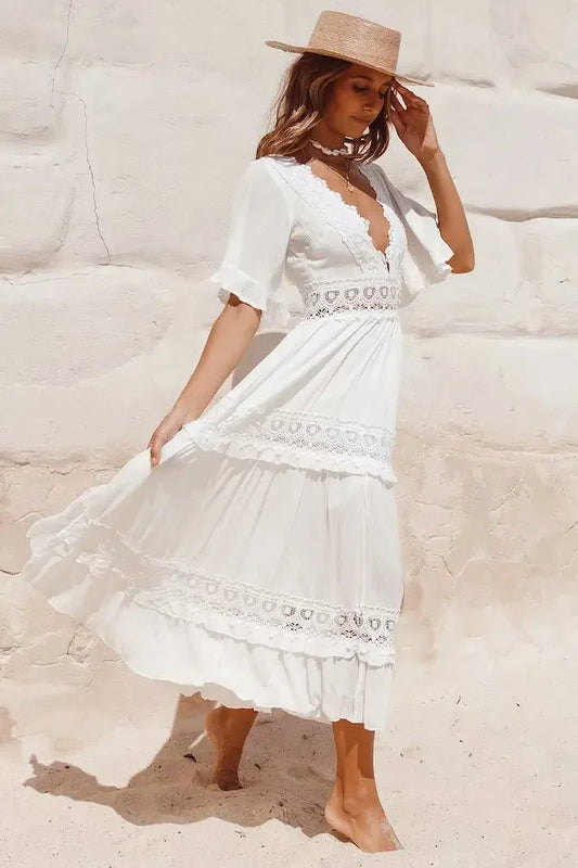 White Maxi Dress Hollow Waist Deep V-neck Dress